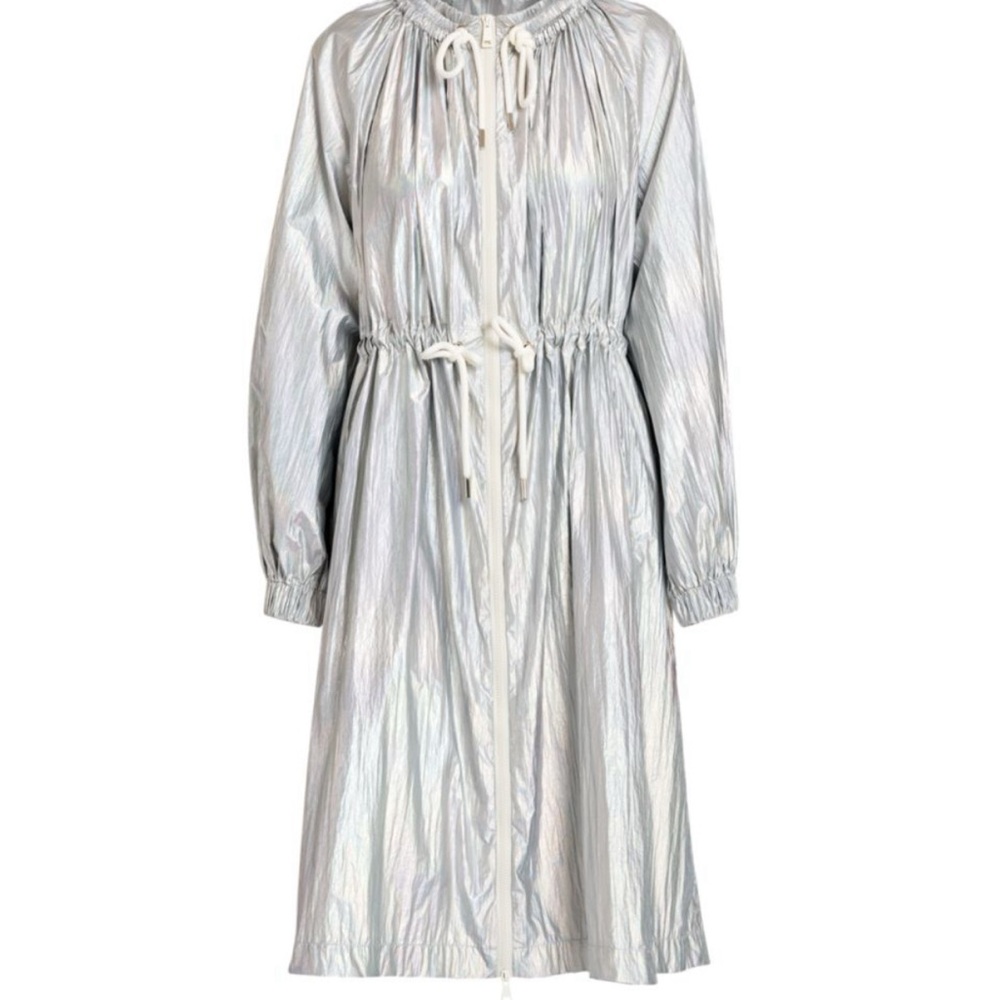 Moncler Ladies Silver Akubens Laminated Nylon Coat.
